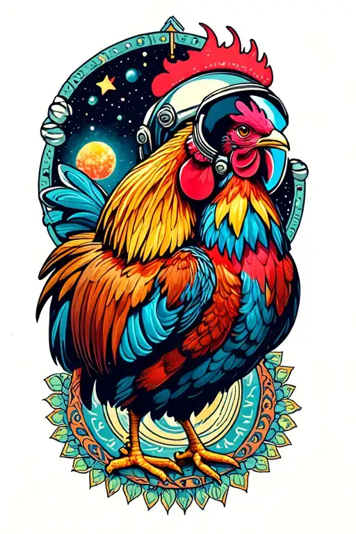 A Groovy Rooster Wearing An Astronaut Helmet Is Prancing On A Mandala In Outer Space