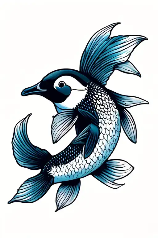 Penguin And Koi Fish Swimming Together