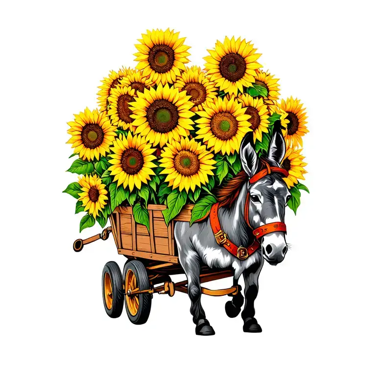 Donkey Pulling A Cart Full Of Sunflowers Intertwined