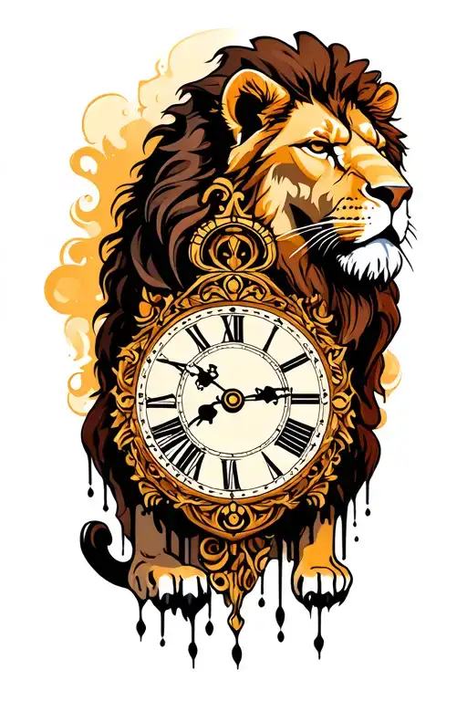 Lion Tatto With Ancient Clock Melting