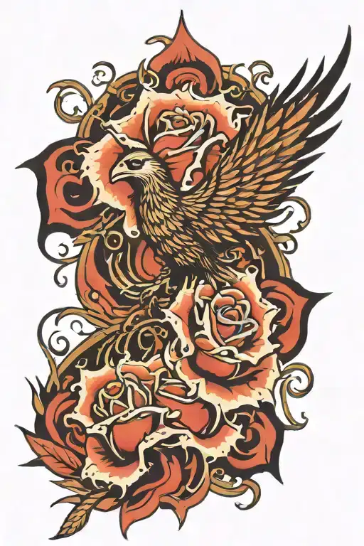 Phoenix Rising From A Spark Of Flame Rose With Thorns