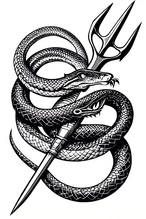 Norse World Snake Wrapping Around Trident With Tribal Markings