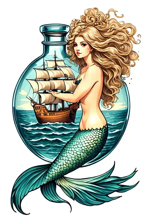 Mermaid Holding A Ship In A Bottle
