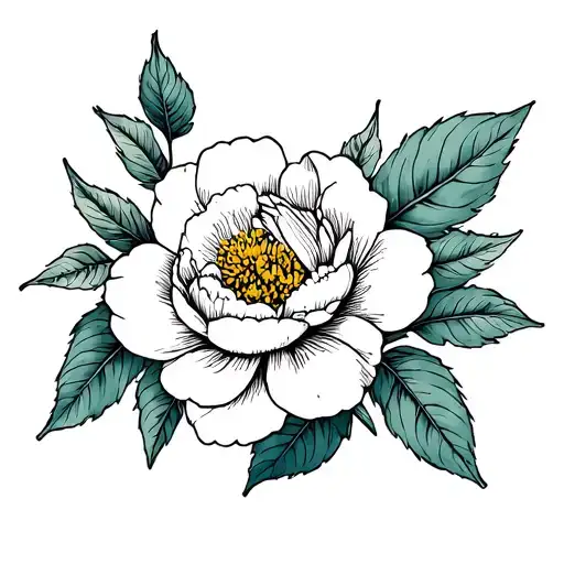 Peoney Flower And Leaves Outline Drawing