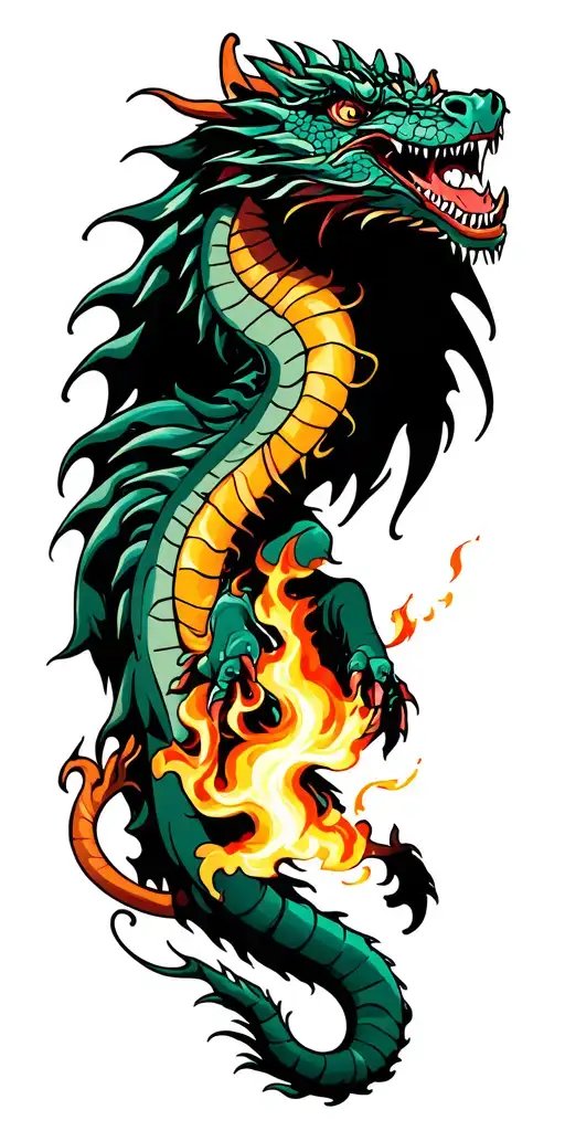 Full Sleeve Tattoo Featuring Dragon Breathing Fire