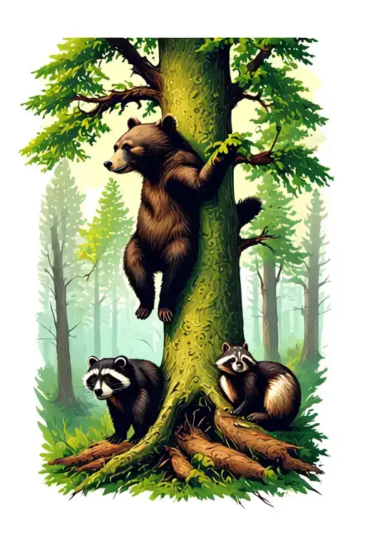 Bear Climbing Up Tree With Skunk And Beaver On The Forest Floor And A Raccoon In The Tree