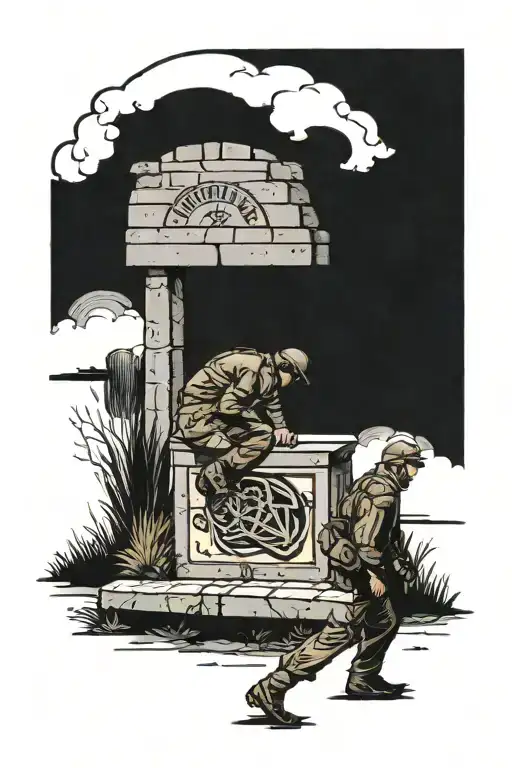 A Man In Tactical Uniform Walking Past The Entrance To A Grave