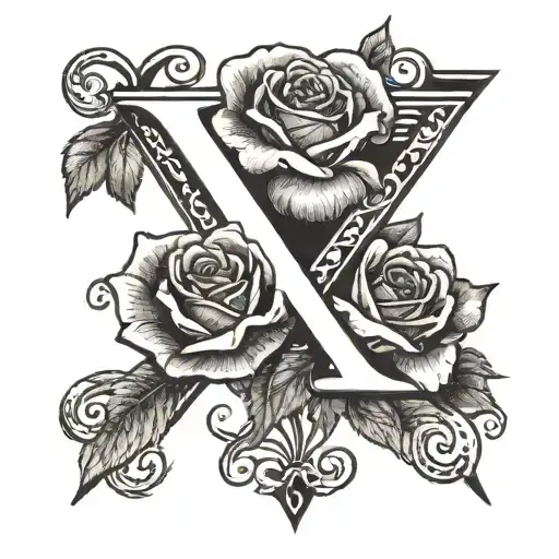 V Letter With Rose Tattoo Black Grey