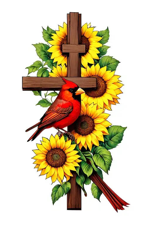 Cross With Sunflower And Red Cardinal Bird