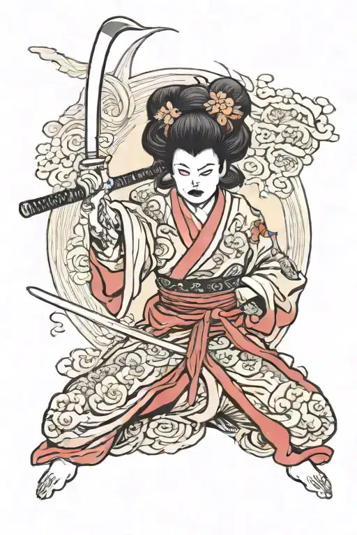 Japanese Demon In The Form Of A Woman With A Katana In Her Hand