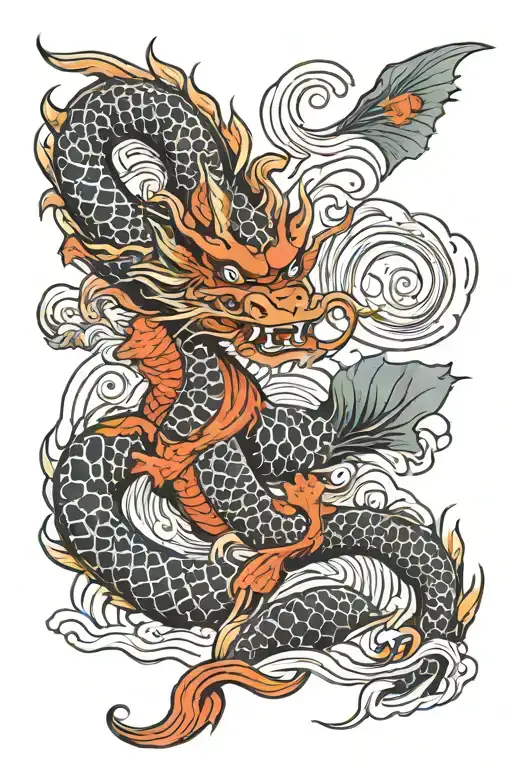 Japanese Dragon And Koi Fish Swimming