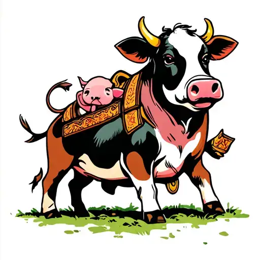 Cartoon Cow Riding Cartoon Pig
