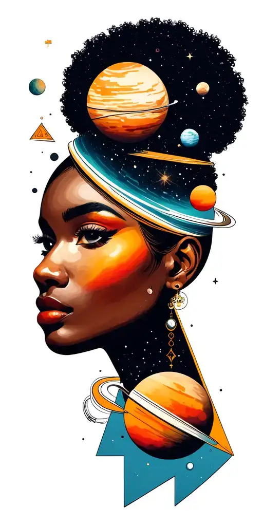 Afro-futuristic Woman Face With Planets Or Moons Inside 3 Triangles