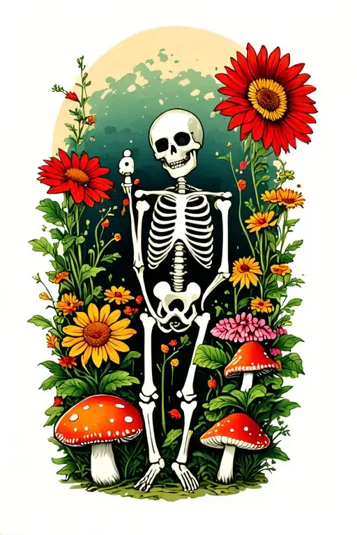 Skeleton Gardener Surrounded By Flowers And Mushrooms