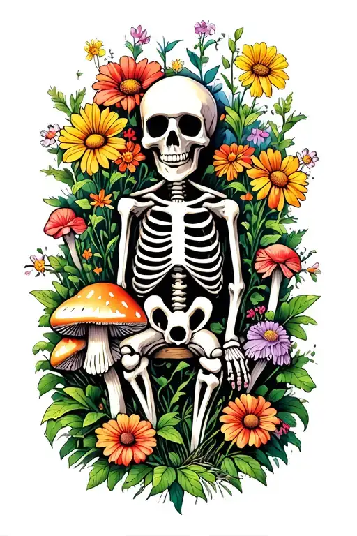 Skeleton Gardener Surrounded By Flowers And Mushrooms