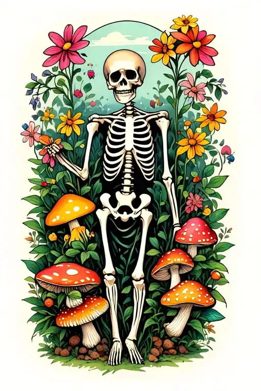 Skeleton Gardener Surrounded By Flowers And Mushrooms