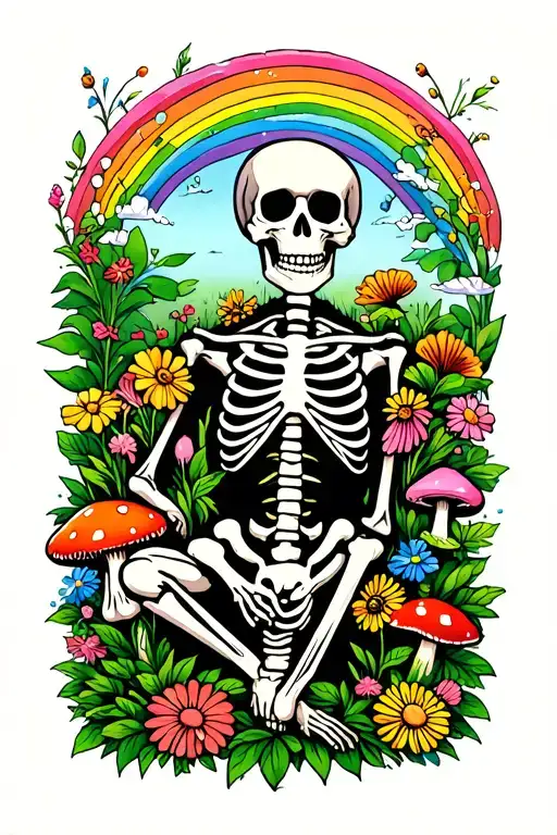 Skeleton Gardener Surrounded By Flowers And Mushrooms And Rainbow