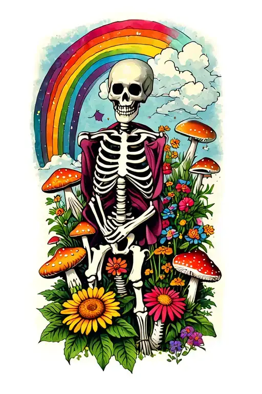 Skeleton Gardener Surrounded By Flowers And Mushrooms And Rainbow