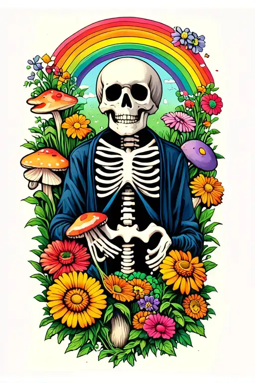 Skeleton Gardener Surrounded By Flowers And Mushrooms And Rainbow