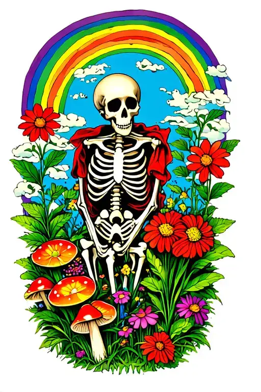 Skeleton Gardener Surrounded By Flowers And Mushrooms And Rainbow