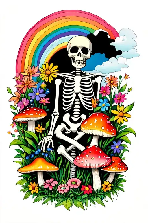 Skeleton Gardener Surrounded By Flowers And Mushrooms And Rainbow