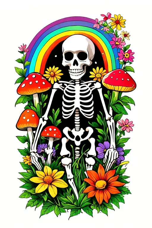 Skeleton Gardener Surrounded By Flowers And Mushrooms And Rainbow