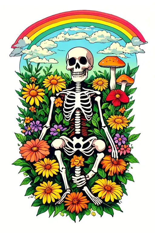 Skeleton Gardener Surrounded By Flowers And Mushrooms And Rainbow