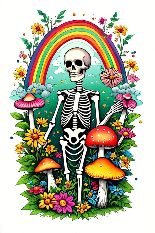 Skeleton Gardener Surrounded By Flowers And Mushrooms And Rainbow