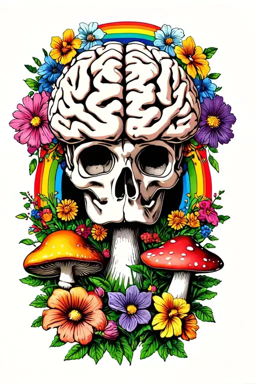 Brain Surrounded By Flowers And Mushrooms And Rainbow