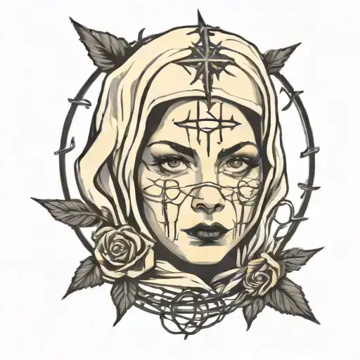 The Face Of A Nun In Barbed Wire Wrapped