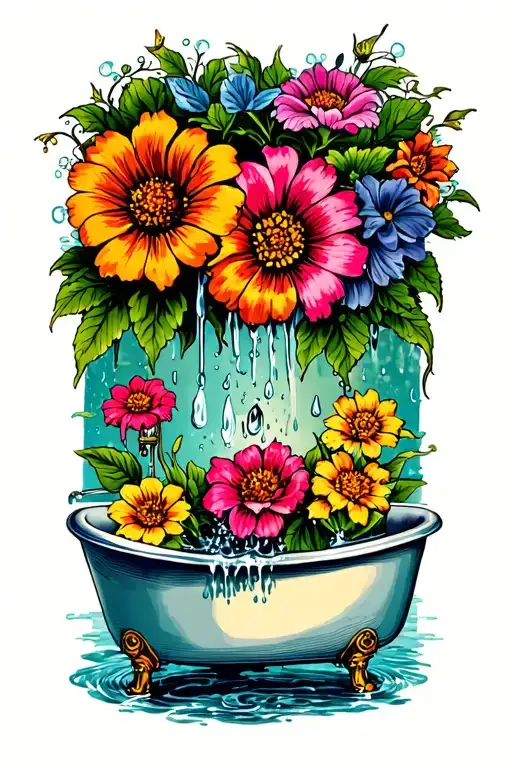 Rainwater And Bathtub With Flowers