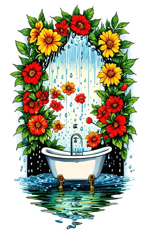Rainwater And Bathtub With Flowers