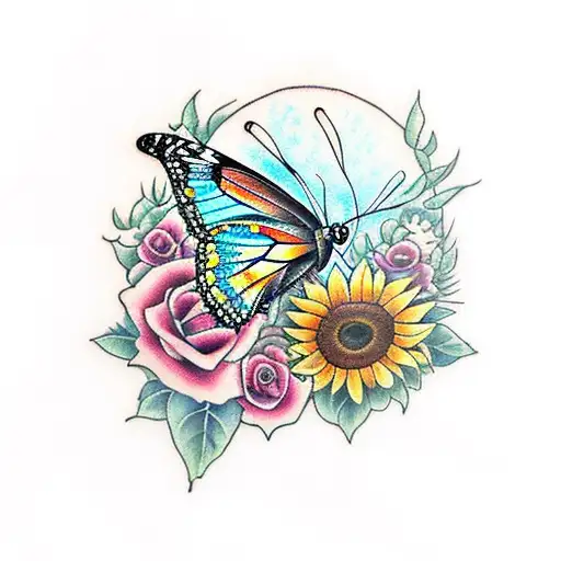Butterfly With One Wing Sunflowers And Roses
