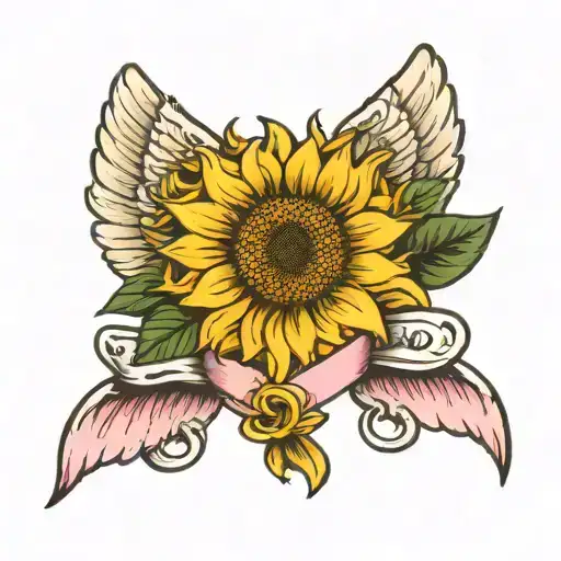 Breast Cancer Ribbon With Angel Wings And Sunflower