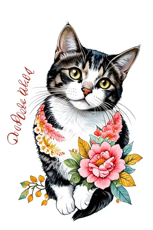 Cat Portrait American Traditional Floral