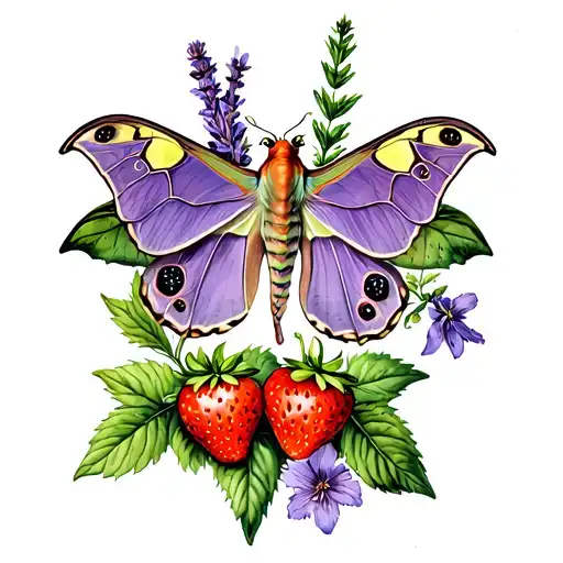 Luna Moth With Strawberries And Lavender Flower