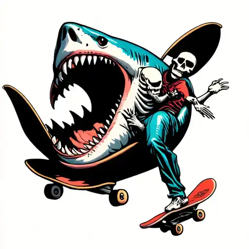 Skeleton Riding A Skateboard Inside A Shark Mouth Open