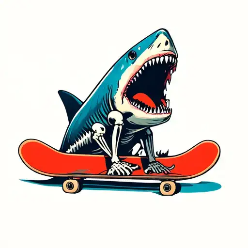 Skeleton Riding A Skateboard Inside A Shark Mouth Open