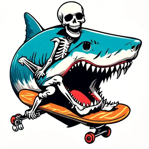 Skeleton Riding A Skateboard Inside A Shark Mouth Open