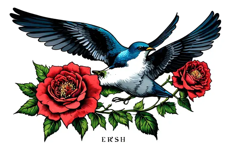 Men Chest Tattoo With Swallows And Prickly Wild Rose