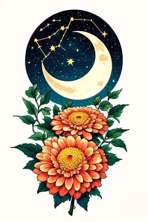 Chrysanthemum Flower Waning Gibbous Moon And Sagittarius Constellation