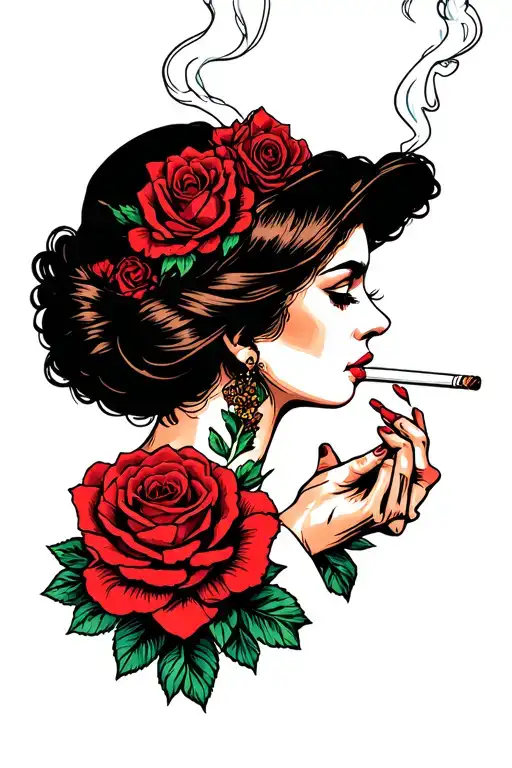 Lady Head Profile Smoking A Joint With Traditional Rose