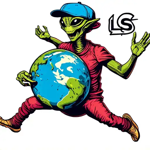 Alien With Baseball Cap Saying Ls Dancing With Earth Globe