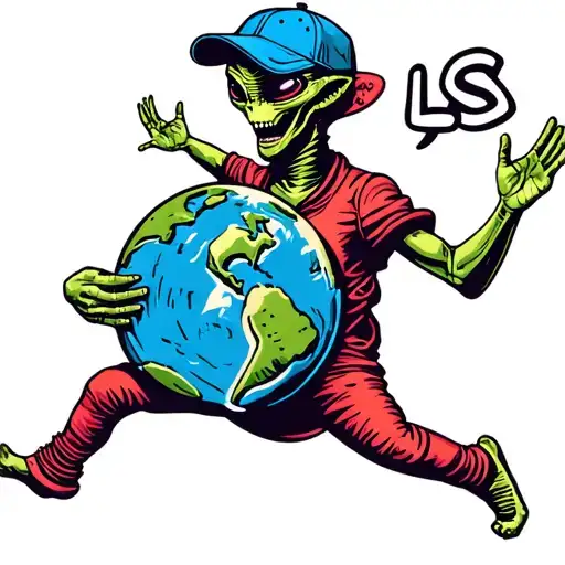 Alien With Baseball Cap Saying Ls Dancing With Earth Globe With Only 2 Arms