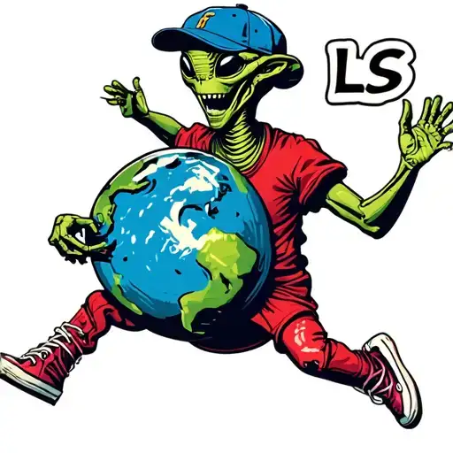 Alien In Big Hightop Shoes With Baseball Cap Saying Ls Dancing With Earth Globe