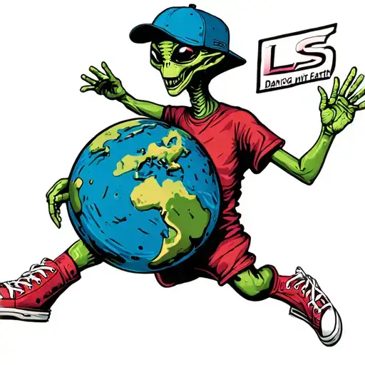 Alien In Big Hightop Shoes With Baseball Cap Saying Ls Dancing With Earth Globe