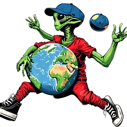 Alien In Big Hightop Shoes With Ls On Baseball Cap Dancing With Earth Globe