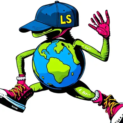 Alien In Big Hightop Shoes With Ls Written On Baseball Cap Dancing With Earth Globe