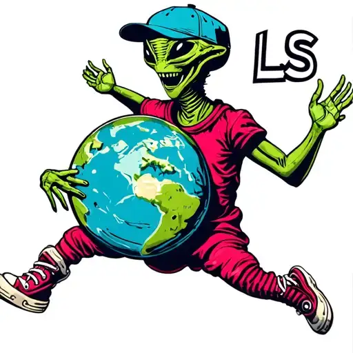 Alien In Big Hightop Shoes Showing With Ls Written On Baseball Cap Dancing With Earth Globe