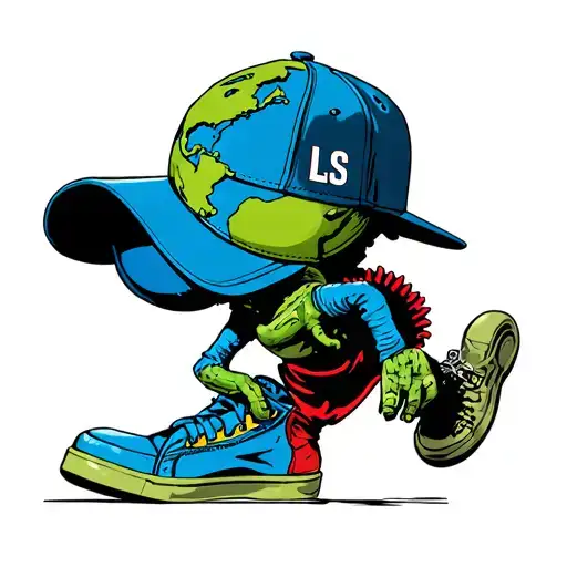 Alien In Big Hightop Shoes Showing With Ls Written On Baseball Cap Dancing With Earth Globe
